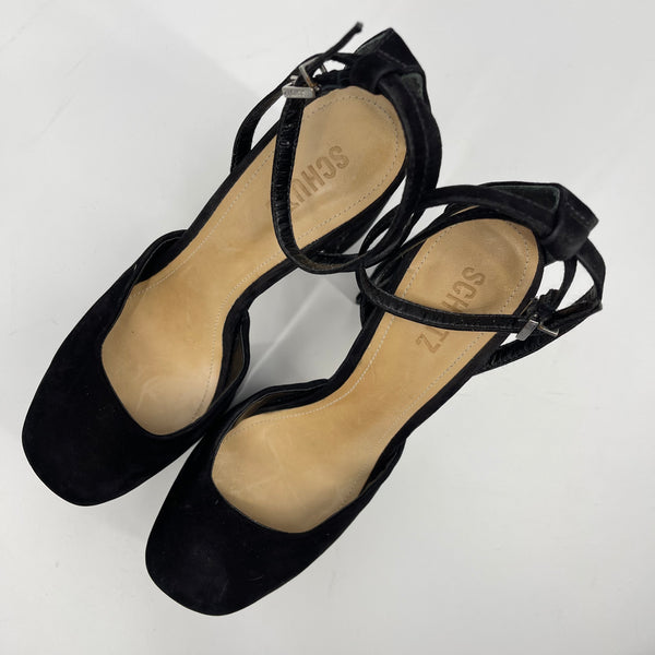 Schutz Luan Black Nubuck Leather Platform Ankle Strap Heels Size 9