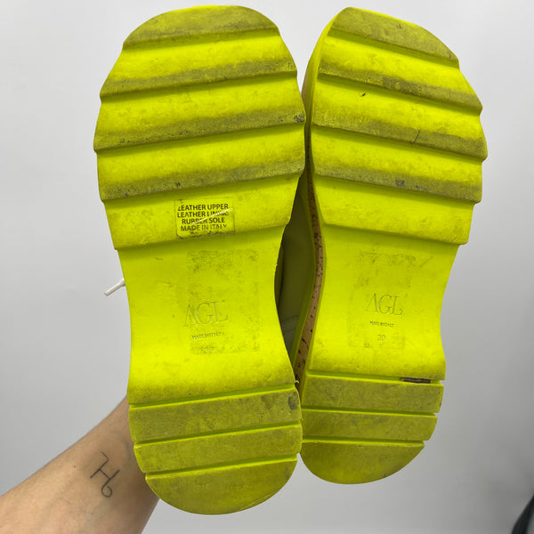 AGL Platform Leather Sneakers Neon Yellow Green Cork Sole Made in Italy Size 39