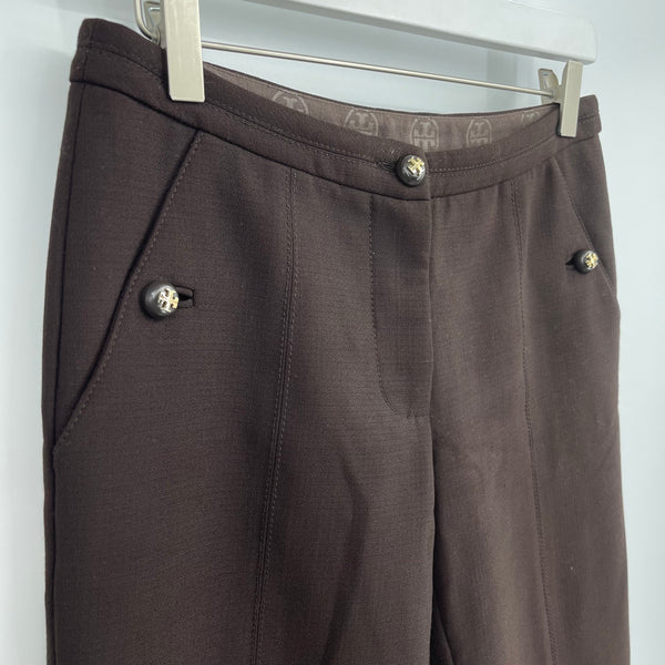 Tory Burch Brown Wool Blend Tailored Trousers Logo Button Work Pants Size 2
