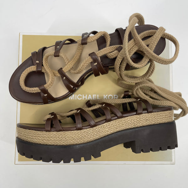 Michael Kors Collection Kellan Runway Gladiator Platform Leather Sandals Nutmeg Size 39