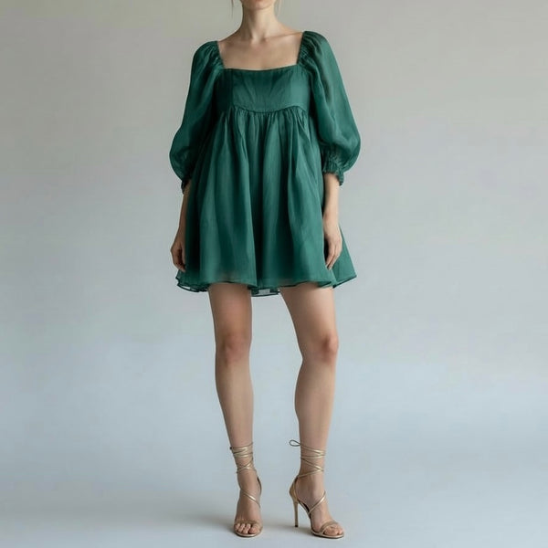 Selkie Emerald Elf Puff Dress XS Silk Green Fairycore Romantic Designer