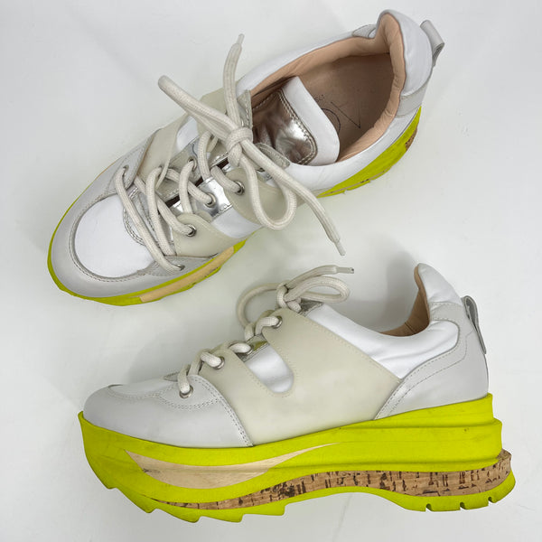 AGL Platform Leather Sneakers Neon Yellow Green Cork Sole Made in Italy Size 39