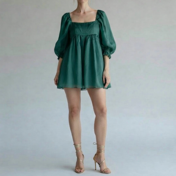 Selkie Emerald Elf Puff Dress XS Silk Green Fairycore Romantic Designer