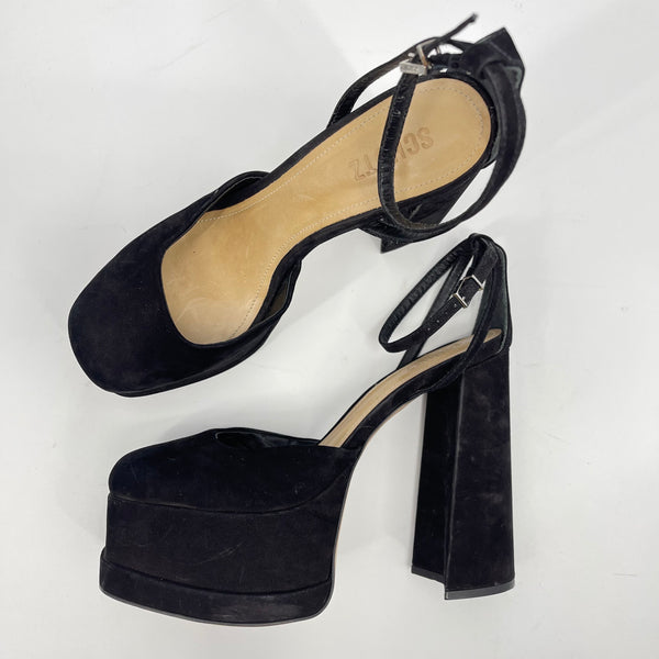 Schutz Luan Black Nubuck Leather Platform Ankle Strap Heels Size 9