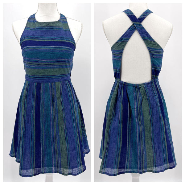 Roxy Blue Green Long View Striped Cross Back Dress