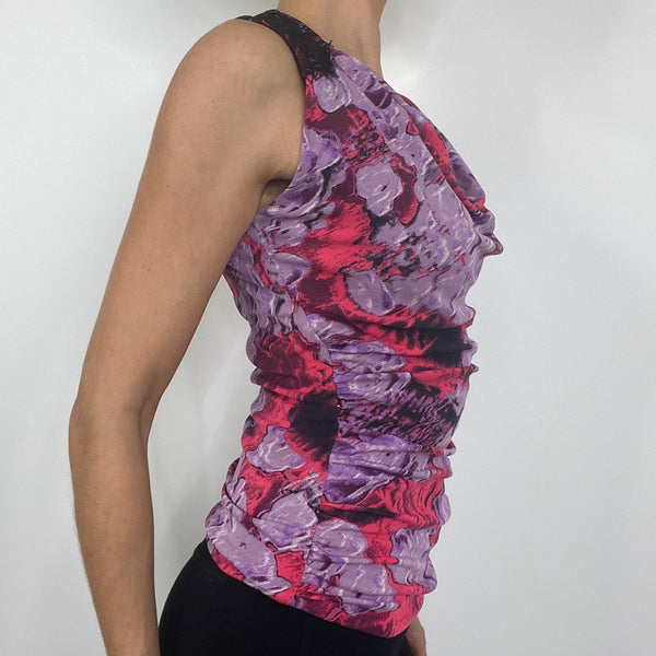 Classiques Entier Purple Multicolor Silk Lace Trim Abstract Sleeveless Cowl Neck Blouse