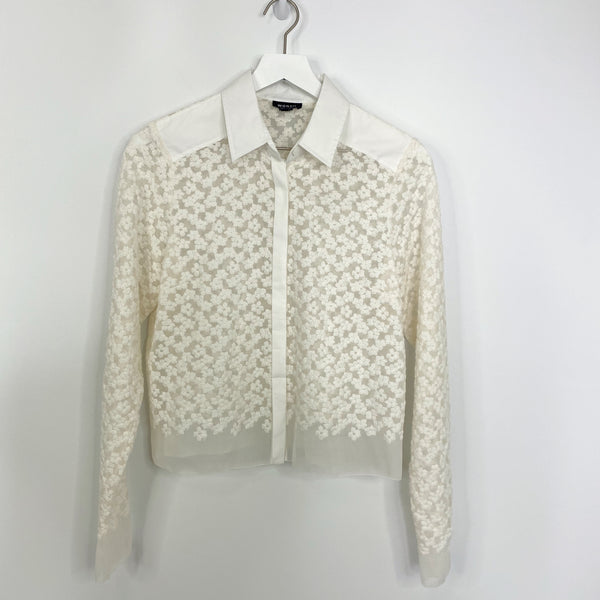 Worth New York Ivory Sheer Floral Embroidered Silk Button Down Blouse Retail $298