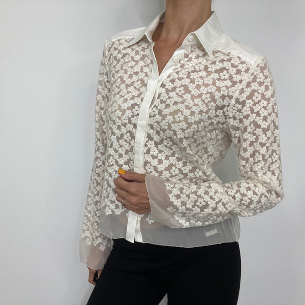 Worth New York Ivory Sheer Floral Embroidered Silk Button Down Blouse Retail $298