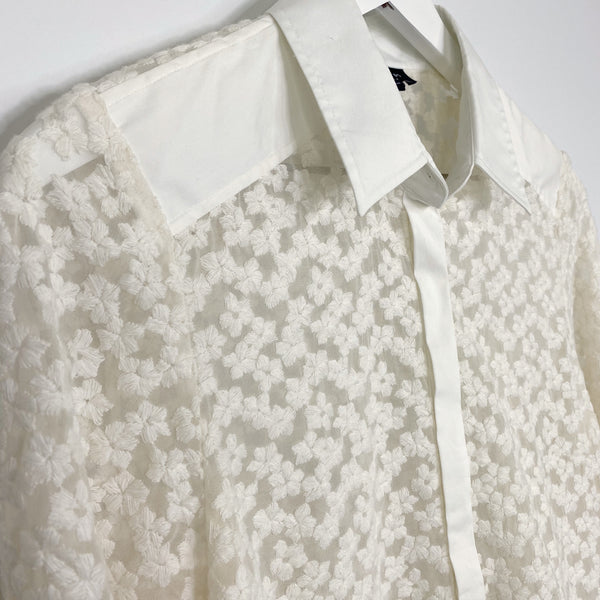 Worth New York Ivory Sheer Floral Embroidered Silk Button Down Blouse Retail $298