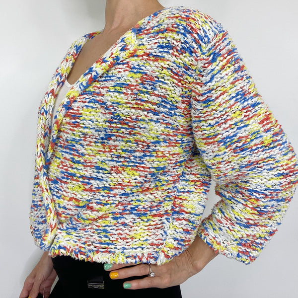 Worth New York Multicolor Raw Edge Fabric Knit Cropped Cardigan