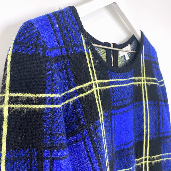 Milly NWT Runway Knit Washed Plaid Wool Mohair Zip Back Sweater Retail $375