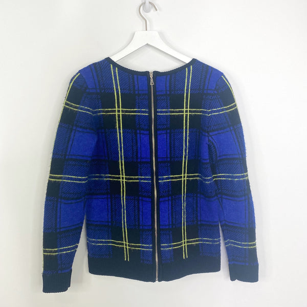 Milly NWT Runway Knit Washed Plaid Wool Mohair Zip Back Sweater Retail $375