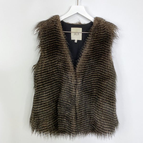 Jack by BB Dakota Black Brown Striped Faux Fur Vest Pockets