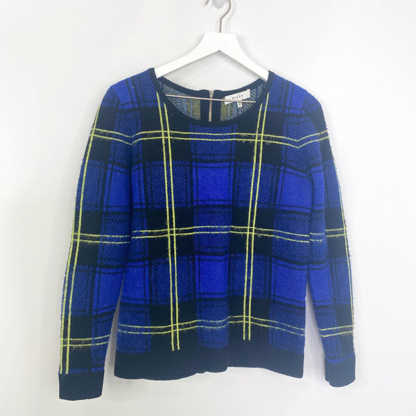 Milly NWT Runway Knit Washed Plaid Wool Mohair Zip Back Sweater Retail $375