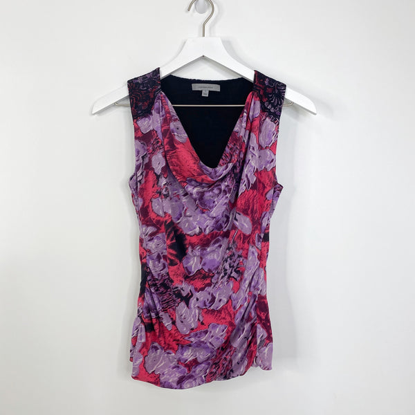 Classiques Entier Purple Multicolor Silk Lace Trim Abstract Sleeveless Cowl Neck Blouse