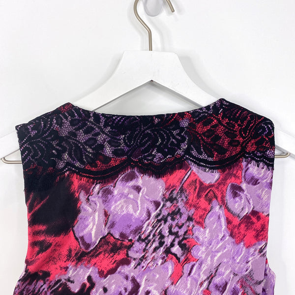 Classiques Entier Purple Multicolor Silk Lace Trim Abstract Sleeveless Cowl Neck Blouse