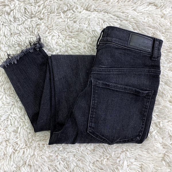 Express Black High Rise Denim Perfect Ankle Legging Frayed Hem Jeans