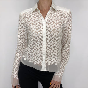 Worth New York Ivory Sheer Floral Embroidered Silk Button Down Blouse Retail $298