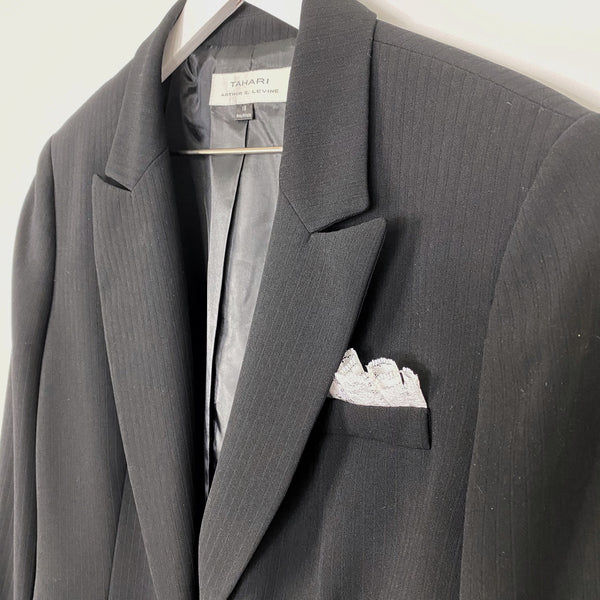 Tahari ASL Black Striped Lace Pocket Square Blazer